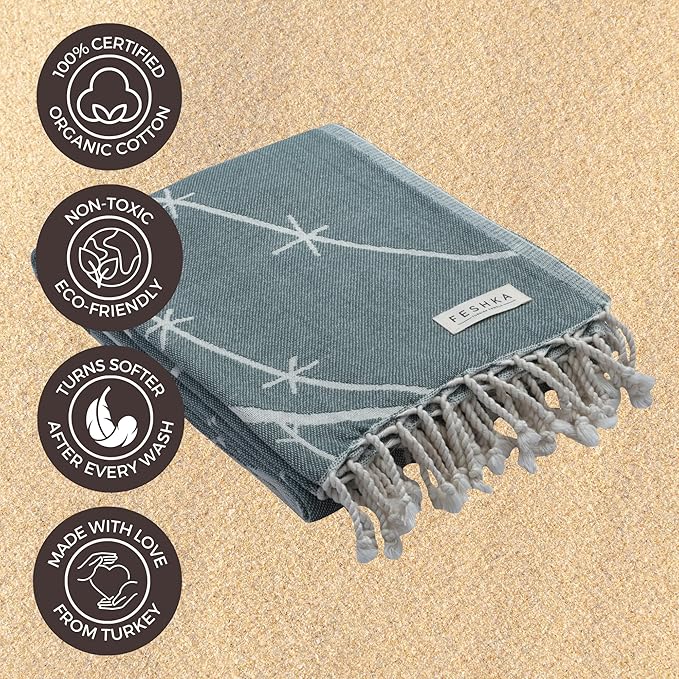 FESHKA Sand Free Turkish Beach Towel (37 x 67) Quick Dry Bath Towel, Oversized Beach Blanket, Lightweight for Travel - Made with 100% Organic Turkish Cotton - Saguaro (Green)