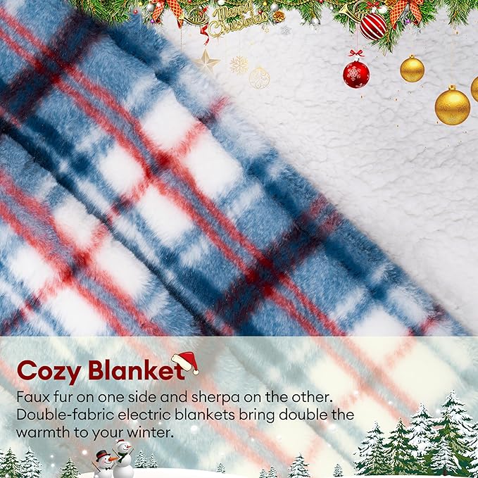 MAXEVE Faux Fur Heated Electric Blanket, 50"x60" Fast Heating Warming Throw Blankets with 8 Heating Levels & 8 Hours Auto Off with Over-Heat Protection & ETL Certified, Plaid Blue