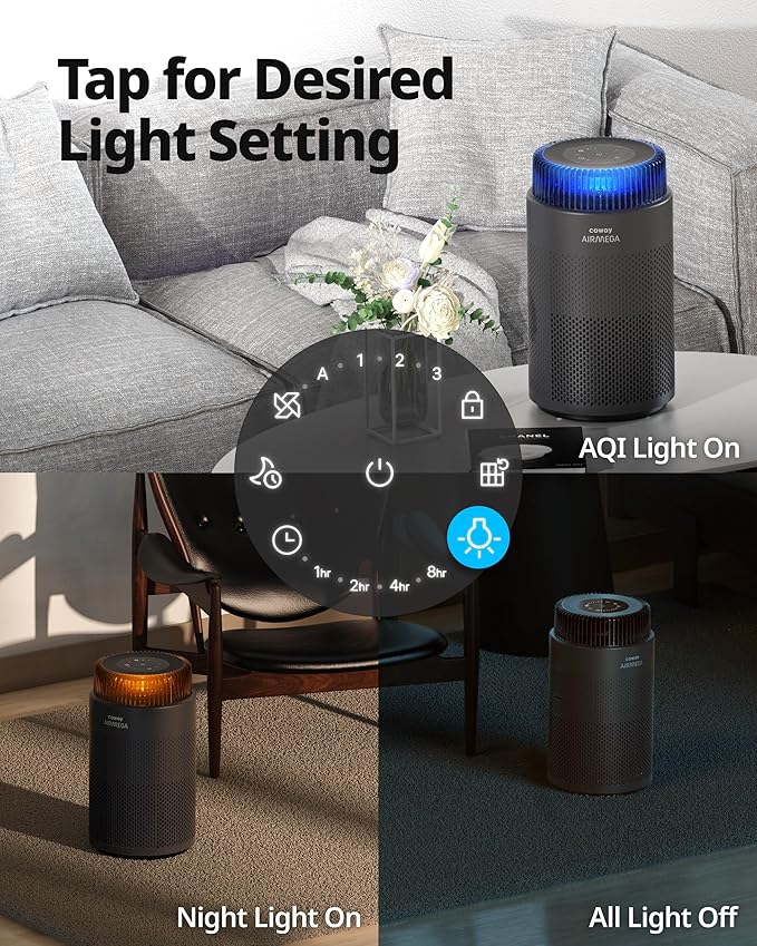 COWAY Air Purifiers for Bedroom Home up to 810 ft², True HEPA Filter for Smoke, Allergies, Pet Dander, Odor, AQI Monitor, Auto&Sleep Mode, Timer, Filter Indicator, Night Light, 3yr Warranty, 100 Black
