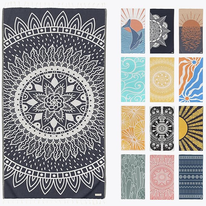 FESHKA Sand Proof Turkish Beach Towel – Oversized, Quick Dry & Lightweight Travel Towel - 100% Organic Cotton Beach Blanket - Perfect for Bath, Pool & Picnic | Sunflower (Navy)