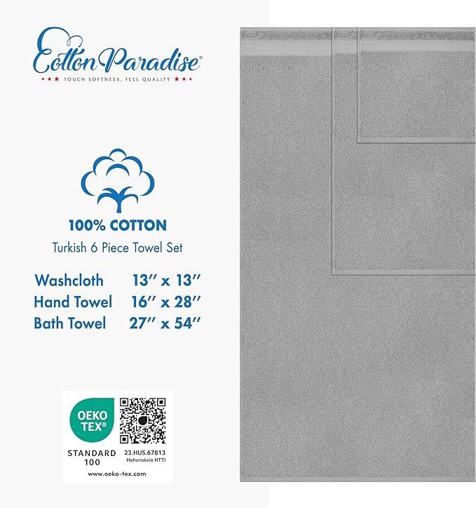 Cotton Paradise 6 Piece Towel Set 100% Cotton Soft Absorbent Turkish Towels for Bathroom 2 Bath Towels 2 Hand Towels 2 Washcloths Light Gray Towel Set