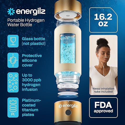 Hydrogen Water Bottle | Large 16.2 oz (480 ml) Hydrogen Water Bottle Generator 3000 ppb | Hydrogenator Machine | SPE/PEM Hydrogenated Ionizer Generator(Golden w/Beige)
