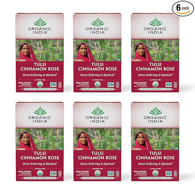 ORGANIC INDIA Tulsi Cinnamon Rose Tea Bags - Tulsi Rose Tea Bags, Cinnamon Tea Bags with Holy Basil, Chamomile, Stevia, USDA Certified Organic Caffeine Free Herbal Tea - 18 Infusion Bags, 6 Pack