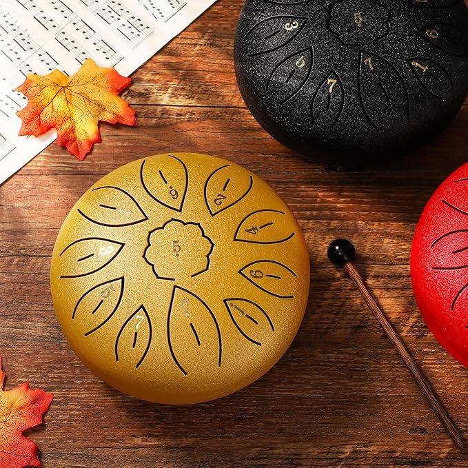 Facmogu 6 Inches 11 Notes Steel Tongue Drum, Handpan Drum Sound Healing Instruments for Meditation, Musical Education, Yoga, Zen, Hand Drum with Bag Mallets Finger Picks Music Book Stickers - Gold