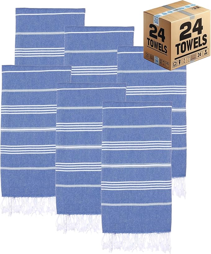 Turkish Beach Towels, Bulk Case of 24 | Oversized, Quick Dry, Sand Free | 100% Cotton, Large 38x71 Towels for Beach, Pool, Travel | Ultra-Soft, Compact, Absorbent | Blue