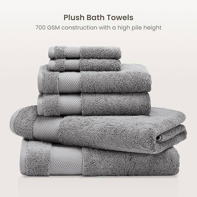 BIOWEAVES 100% Organic Cotton 700 GSM Plush 6-Piece Towel Set GOTS Certified, 2 Bath Towels, 2 Hand Towels & 2 Washcloths - Light Grey