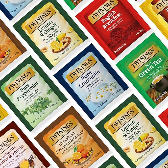 Twinings 48 Tea Bags Herbal Variety Pack, Bundle with 20 Flavored Honey Sticks – 8 Flavors Caffeine-Free Individually Wrapped Teas for Gift Baskets, Office, or Lobby Refreshments