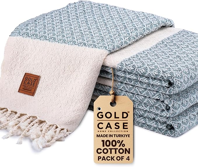 Gold CASE Turkish Beach Towel Set of 4 – 100% Cotton Large Turkish Bath Towels 67 x 38'' – Helen Extra Large, Quick Dry & Sand Free Towels – Peshtemal for Pool – Aqua