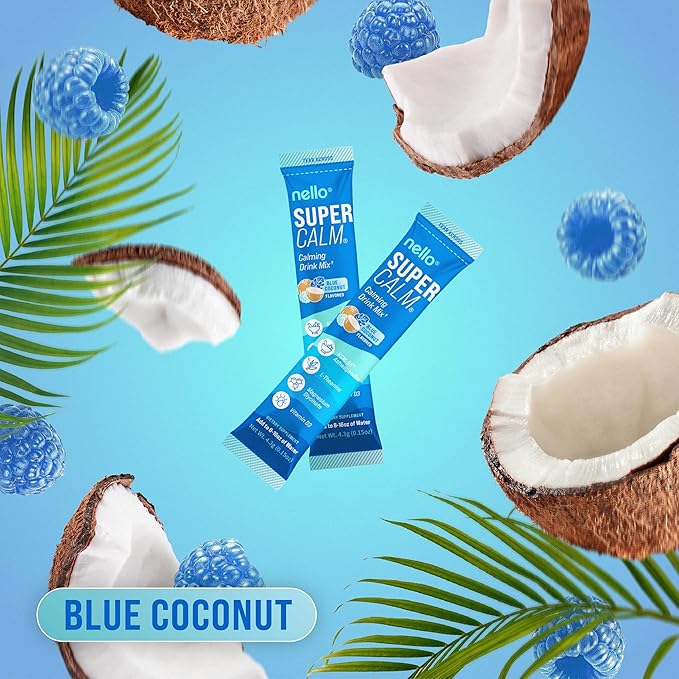 Nello Supercalm Powdered Drink Mix, Blue Coconut, L Theanine, Ksm-66 Ashwagandha, Magnesium Glycinate, Vitamin D 3, Supplements for Relaxation & Focus, No Sugar, Non GMO, On The Go, 20 Srvgs