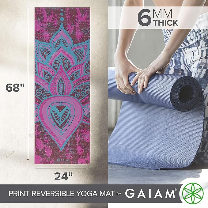 Gaiam Yoga Mat - Premium 6mm Print Reversible Extra Thick Non Slip Exercise & Fitness Mat for All Types of Yoga, Pilates & Floor Workouts (68" x 24" x 6mm Thick)