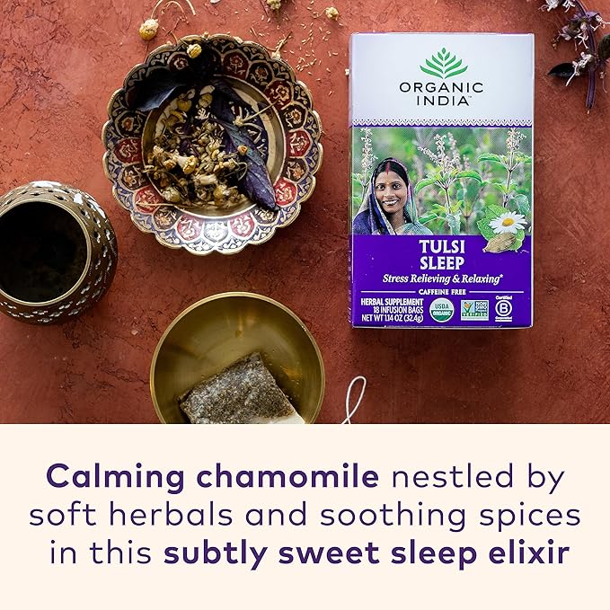 ORGANIC INDIA Tulsi Sleep Herbal Tea - Holy Basil, Ashwagandha, Chamomile, Night Time Tea for Bedtime, Stress Relieving & Relaxing, Immune Support, USDA Certified Organic - 18 Infusion Bags, 6 Pack