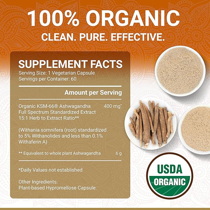KSM-66 Ashwagandha KSM 66 Ashwagandha KSM-66 | USDA Organic Ashwagandha Supplements KSM 66 | KSM66 Ashwagandha Organic | Organic Ashwagandha Capsules | Aswagandha Vitamin | Ashwaganda | 60 Capsules
