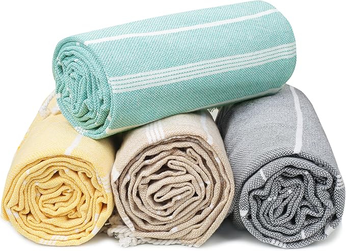 HILLFAIR Cotton Turkish Beach Towels, Quick Dry Lightweight Sand Free Peshtemal Towel for Bath Swim Yoga Pool Travel, Beach Accessories, Oversized Turkish Towel (39 x 72 inch- 4 Pack Multicolor)