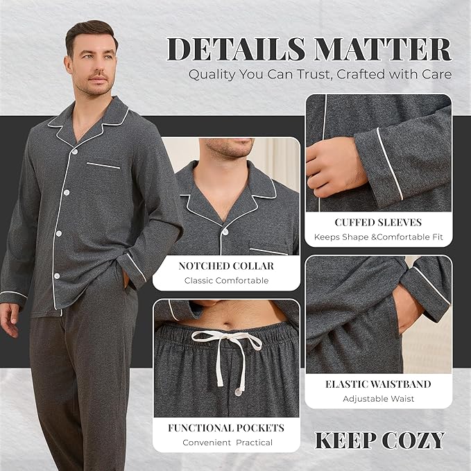 U2SKIIN Mens Cotton Pajama Set, Soft Long Sleeve Pajamas for men Lightweight Button Up Sleepwear Lounge Pjs Set with Pockets