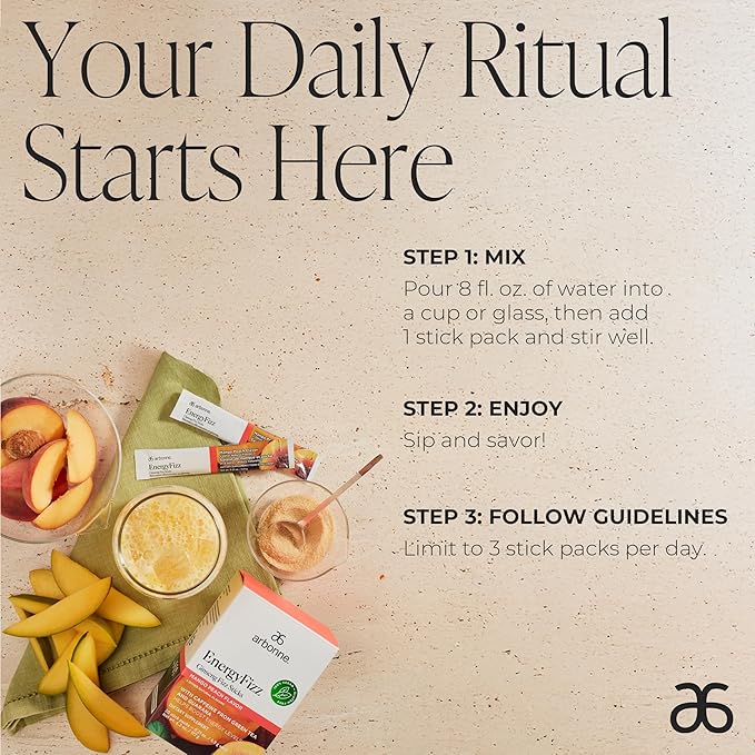 Arbonne Ginseng Energy Supplements - Peach Mango Flavor Fizz Sticks, Energy Boost with Caffeine Powder from Guarana and Green Tea, Delicious Alternative to Caffeine Pills