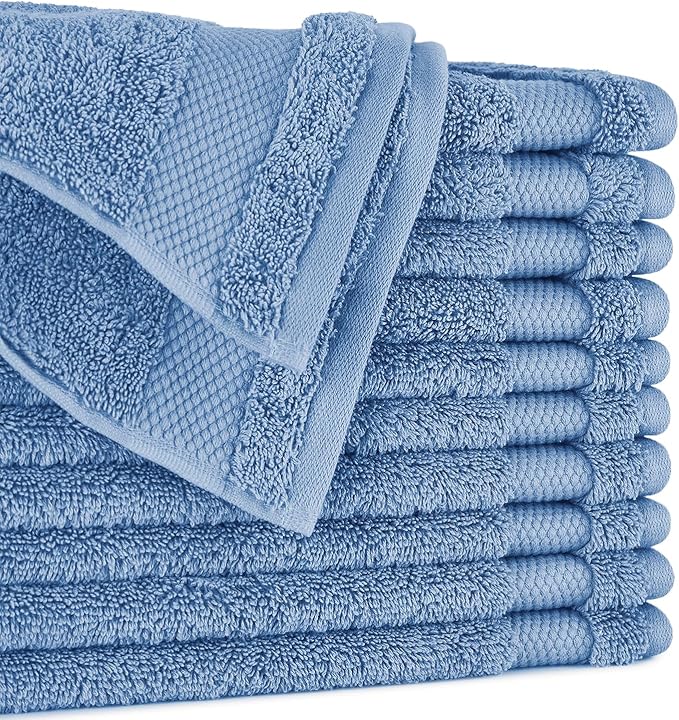 BIOWEAVES 100% Organic Cotton 700 GSM Plush Washcloths 13" x 13" GOTS Certified - Cerulean Blue, Pack of 12