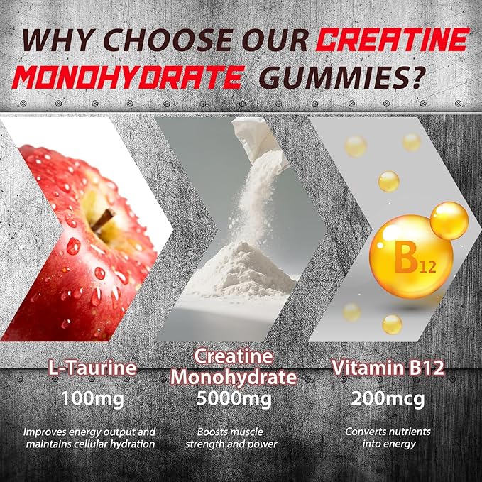 Creatine Monohydrate Gummies for Men & Women, 120 Count, 5000mg Per Serving with L-Taurine & Vitamin B12, Creatine Supplement for Building Muscle, Strength and Recovery, Vegan, Apple Flavor