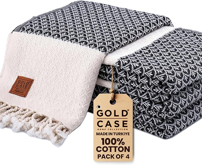 Gold CASE Turkish Beach Towel Set of 4 – 100% Cotton Large Turkish Bath Towels 67 x 38'' – Helen Extra Large, Quick Dry & Sand Free Towels – Peshtemal for Pool – Black
