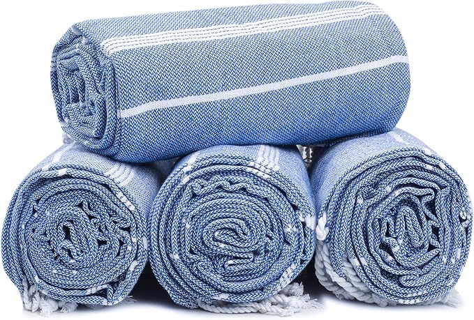 HILLFAIR Cotton Turkish Beach Towels, Quick Dry Lightweight Sand Free Peshtemal Towel for Bath Swim Yoga Spa Travel, Beach Accessories, Oversized Cotton Turkish Towels (39 x 72 inch- 4 Pack Blue)