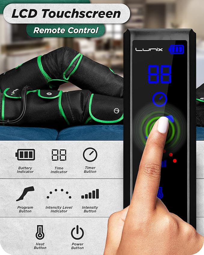 Lunix LX10 Foot, Calf, Leg Air Compression Massager Machine, Cordless and Rechargeable Thigh and Knee Boots Device with Heat for Circulation, Recovery, and Pain Relief, Green