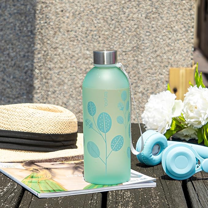 bzyoo 32oz 1 Liter Clear Water Bottle with Time Marker, Leaf Design, Durable Plastic, BPA-Free, Reusable with Measurement Markings for Fitness and Outdoor Activities (Color: Green)