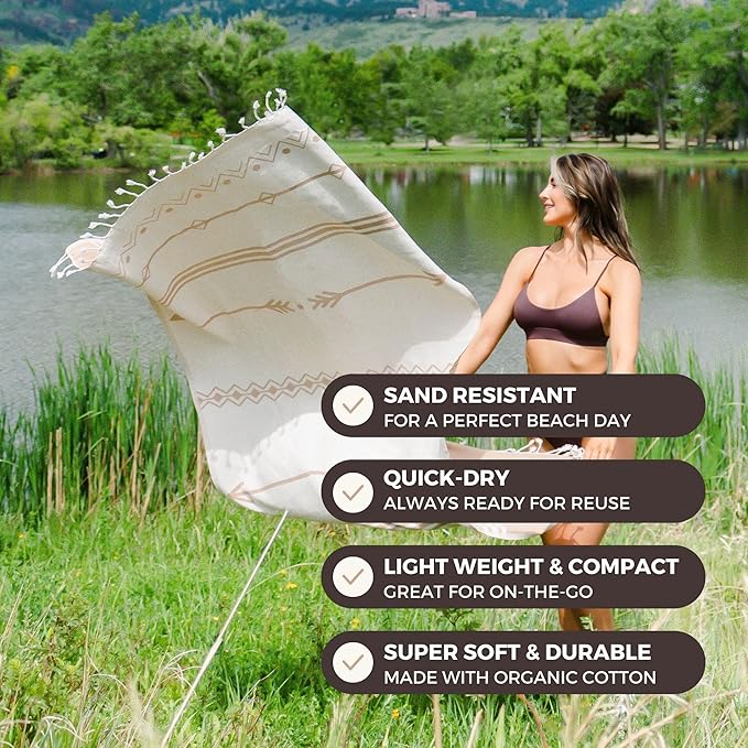 FESHKA Sand Proof Turkish Beach Towel – Oversized, Quick Dry & Lightweight Travel Towel - 100% Organic Cotton Beach Blanket - Perfect for Bath, Pool & Picnic | Native (Brown)