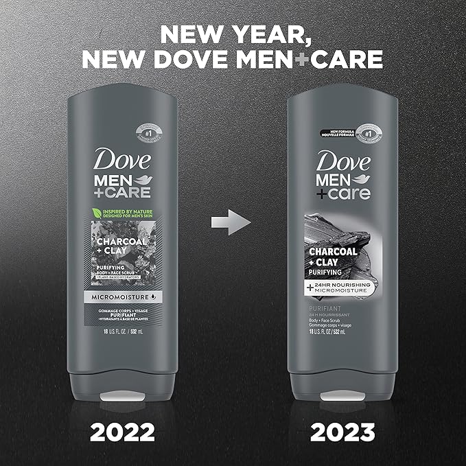 DOVE MEN + CARE Elements Body Wash Charcoal + Clay, Effectively Washes Away Bacteria While Nourishing Your Skin, Gray, 18 Fl Oz (Pack of 2)