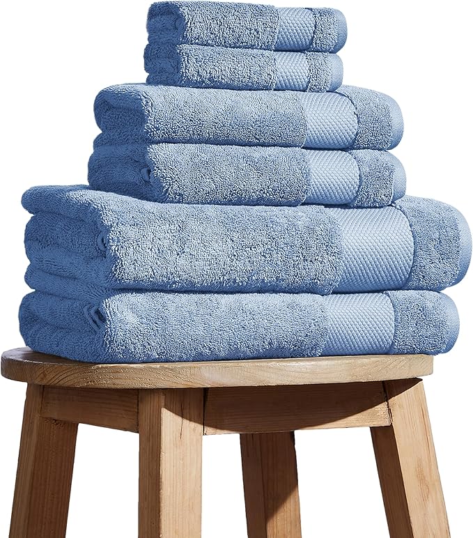 BIOWEAVES 100% Organic Cotton 700 GSM Plush 6-Piece Towel Set GOTS Certified, 2 Bath Towels, 2 Hand Towels & 2 Washcloths - Cerulean Blue