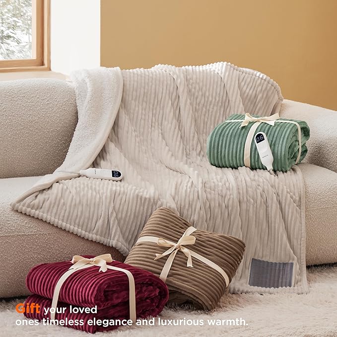 Bedsure GentleSoft Electric Blanket Twin - Soft Ribbed Flannel Heated Blanket, Heating with 10 Time Settings, 6 Heat Settings, and 8 hrs Timer Auto Shut Off, Gifts for Grandma (62x84 inches, Burgundy)