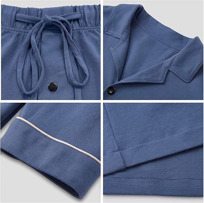 COLORFULLEAF Men's 100% Cotton Short Sleeve Pajama Sets Button Down Notched Collar Sleepwear Soft Lounge Pjs with Pockets