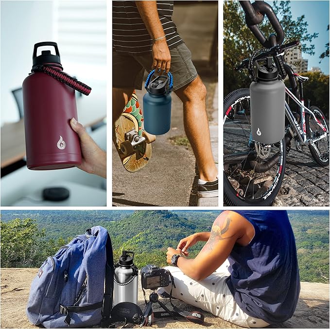 BJPKPK Half Gallon Insulated Water Bottles with Straw Lid, 64oz Large Water Jug, Stainless Steel Bottles with 3 Lids and Paracord Handle, Thermo for Hot & Cold Liquid, Black
