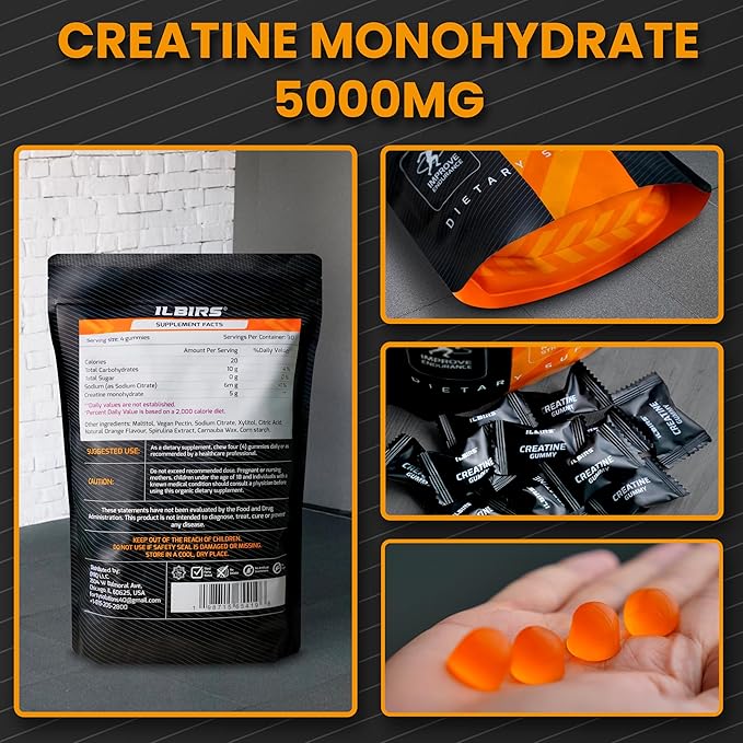 Creatine Monohydrate Gummies 5000mg for Women & Men - Muscle Builder & Pre Workout Gym Supplements - Chewables Creatine Mono Hydrate, Sugar-Free - 120 Gummies, Orange Flavor