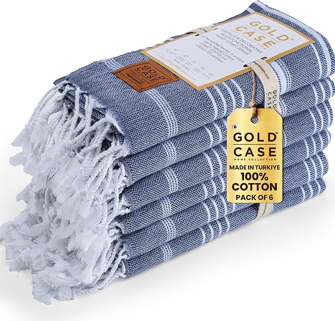 Gold CASE Turkish Hand Towels for Bathroom Set of 6 – 20 x 40'' – 100% Cotton Bathroom Hand Towels – LYCIA Towel for Spa, Face, Tea & Dishcloth – Decorative Cloth – Navy Blue