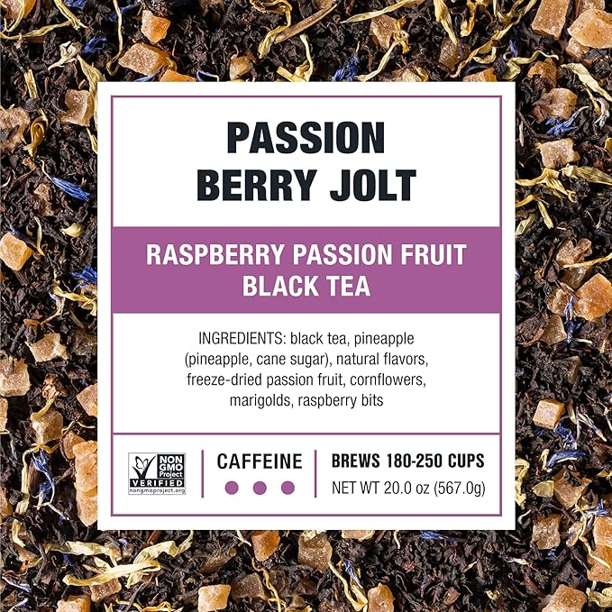 Tiesta Tea - Passion Berry Jolt, Loose Leaf, Raspberry Passion Fruit Black Tea, Premium High Caffeinated Black Blend, Make Hot or Iced, 16oz Bulk Pouch & 4oz Refillable Tin Combo