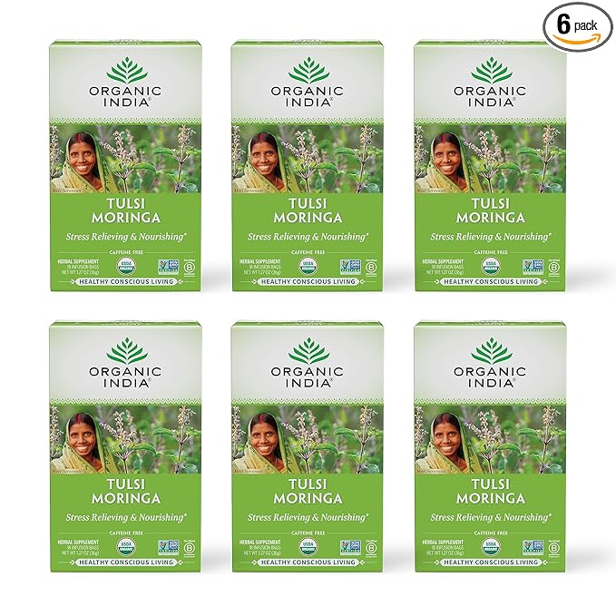ORGANIC INDIA Tulsi Moringa Tea Bags - Holy Basil, Lemongrass, Moringa Leaves, Stress Relieving & Nourishing, Immune Support Tea, Vegan, Certified Organic, Caffeine-Free - 18 Infusion Bags, 6 Pack