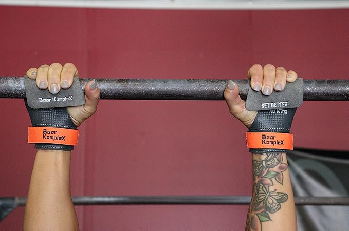 Bear KompleX No Hole Carbon Hand Grips - Non-Slip Fingerless Gymnastics Grips for Weight Lifting, Pull-ups & Cross Training | Lightweight, Padded Wrists & Foldable Grip.