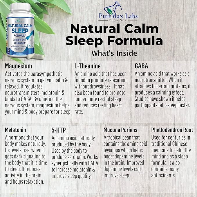 Natural Calm Sleep Aid with Magnesium, L-Theanine, Melatonin, GABA, 5-Htp | Sleep Aid | Non-GMO - 60 Capsules (Pack of 2)