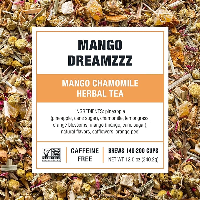 Tiesta Tea - Mango Dreamzzz Chamomile Loose Leaf Herbal Tea, Relaxing Chamomile & Lemongrass Blend, Caffeine-Free, Brew Hot or Iced, Makes Up to 200 Cups, Resealable Bulk Pouch, 12 Ounce
