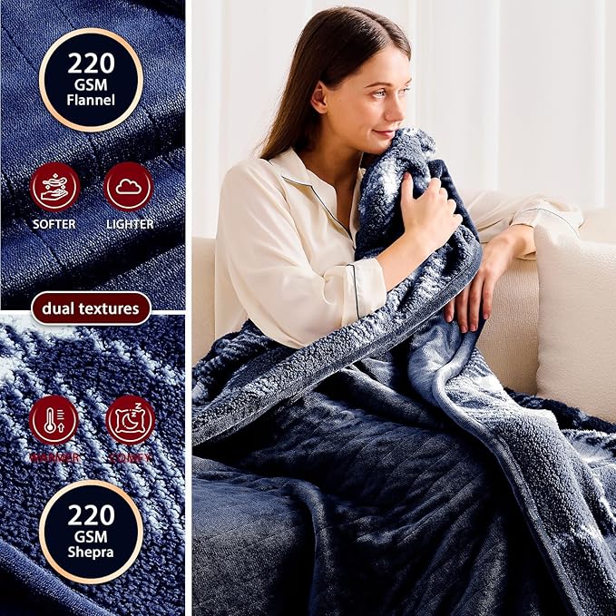Heated Electric Blanket Throw Size - 50"x60" Flannel Heating Blanket with 10 Heating Levels & 5 Time Settings Over-Heat Protection, Winter Warmer for Adults with ETL Certification(Navy Blue)