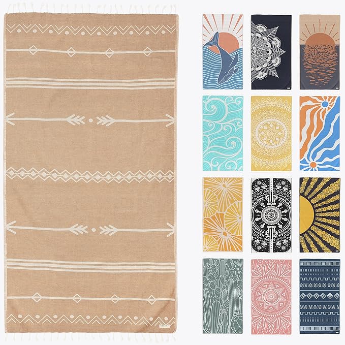 FESHKA Sand Proof Turkish Beach Towel – Oversized, Quick Dry & Lightweight Travel Towel - 100% Organic Cotton Beach Blanket - Perfect for Bath, Pool & Picnic | Native (Brown)