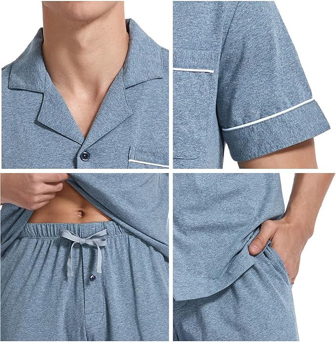 COLORFULLEAF Men's 100% Cotton Pajamas Set Button Down Sleepwear Short Sleeve and Long Pants Pjs