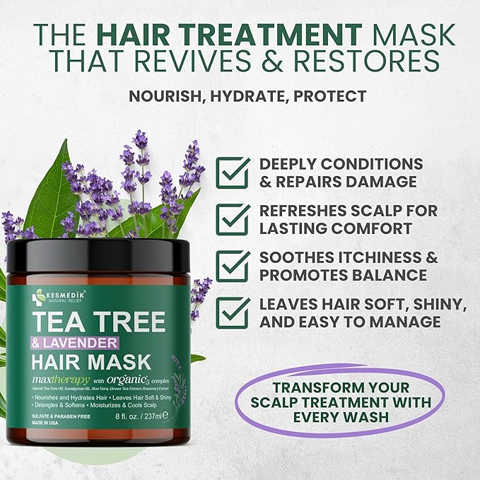 Tea Tree Hair Mask & Scalp Mask Treatment, Deep Conditioner for Damaged Hair with Biotin & Argan Oil, Hydrates, Repairs & Soothes Itchy Scalp with 100% Tea Tree Oil Hair Mask