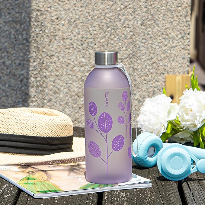 bzyoo 32oz 1 Liter Clear Water Bottle with Time Marker, Leaf Design, Durable Plastic, BPA-Free, Reusable with Measurement Markings for Fitness and Outdoor Activities (Color: Purple)