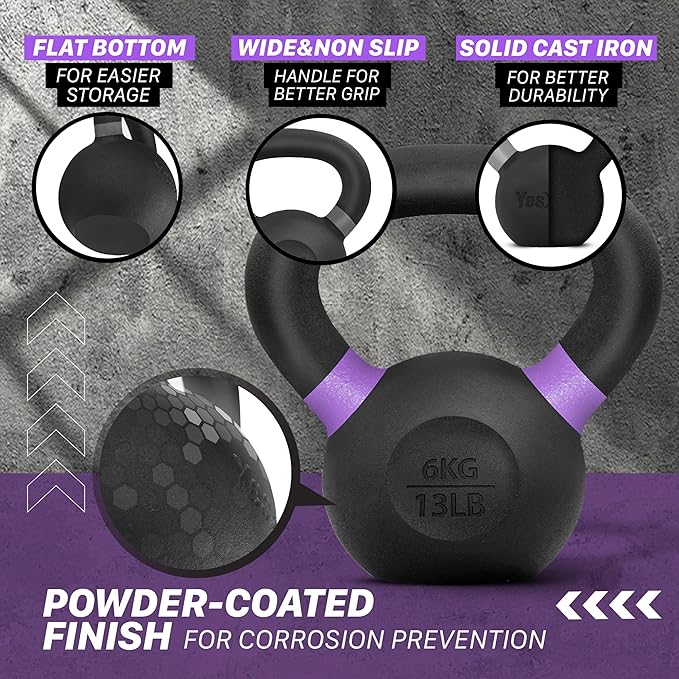 Yes4All Powder Coated Kettlebell, Cast Iron Core Kettlebells with Non-Slip Handle & Flat Bottom for Conditioning, Heavy Duty for Strength Training, 9lb to 71lb - Single & Pair