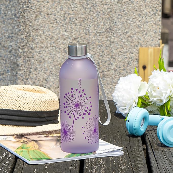 bzyoo 32oz 1 Liter Clear Water Bottle with Time Marker, Dandelion Design, Durable Plastic, BPA-Free, Reusable with Measurement Markings for Fitness and Outdoor Activities (Color: Purple)