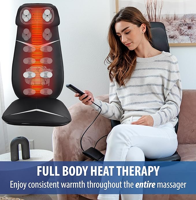 Zyllion Shiatsu Neck and Back Massager with Heat for Chair - 3D Electric Full Body Kneading Deep Tissue Massage Pad with Seat Cushion Vibration for Muscle Pain Relief, Black, ZMA-33