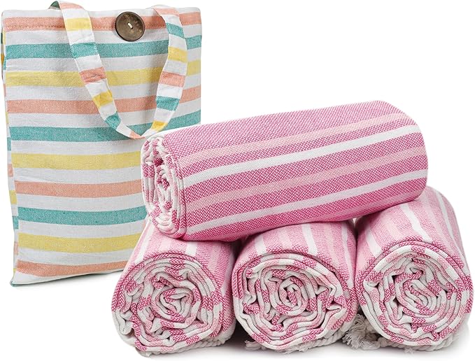 HILLFAIR Cotton Turkish Beach Towels, Quick Dry Lightweight Sand Free Peshtemal Towel for Bath Swim Yoga Spa Travel, Beach Accessories, Oversized Cotton Turkish Towels (39 x 72 inch- 4 Pack Pink)