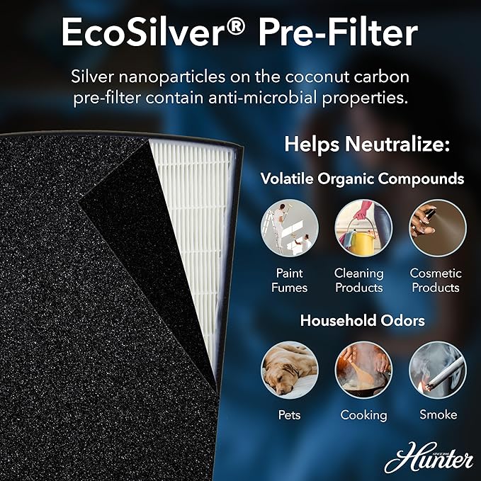 Hunter HP800 Air Purifiers for Home Large Room and Bedroom. True HEPA Air Purifier for Pets, Odors, Allergens, Smoke, Dust, VOC's. 4 Fan Speeds, Quiet Sleep Mode. Cleans 2585 Ft² per Hour. Black