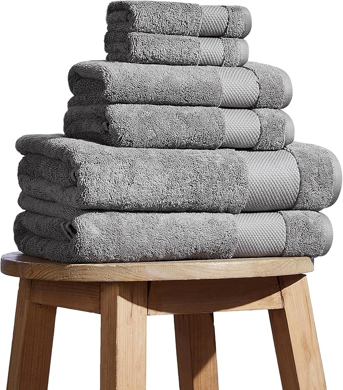 BIOWEAVES 100% Organic Cotton 700 GSM Plush 6-Piece Towel Set GOTS Certified, 2 Bath Towels, 2 Hand Towels & 2 Washcloths - Light Grey