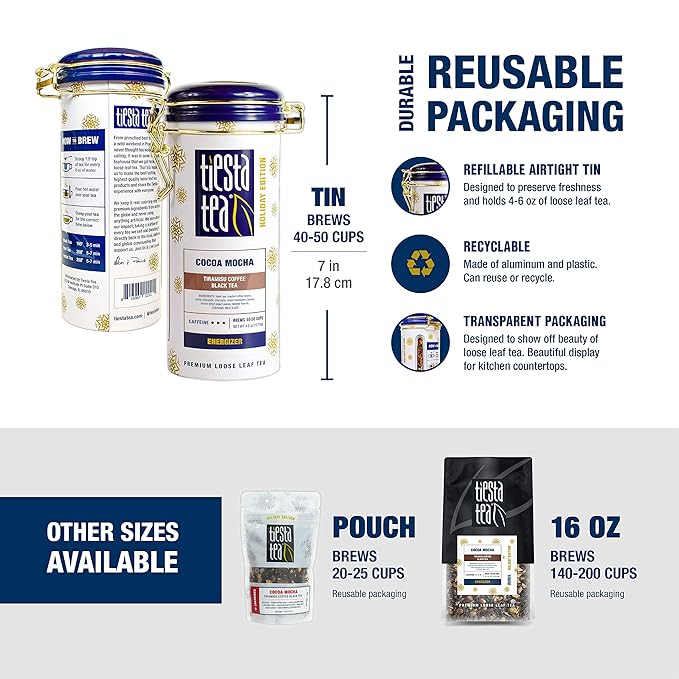 Tiesta Tea - Cocoa Mocha, Loose Leaf, Tiramisu Coffee Black Tea, Premium Blend, High Caffeinated Holiday, Make Hot or Iced, Brews Up to 50 Cups, 4.5 Ounce Refillable Tin